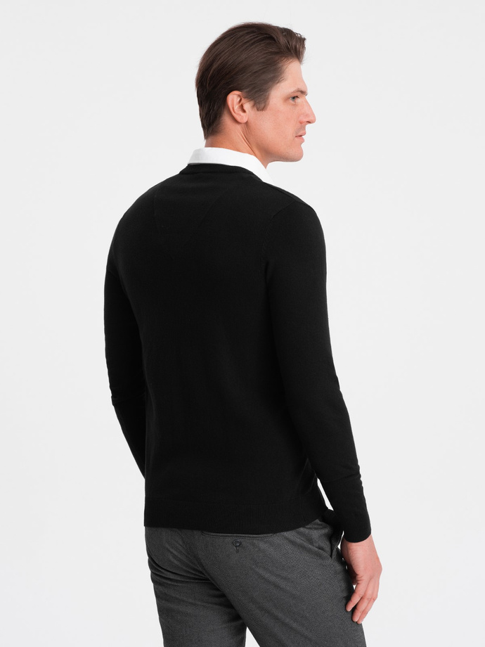 Men's sweater with a "v-neck" neckline with a shirt collar - black V1 OM-SWSW-0102