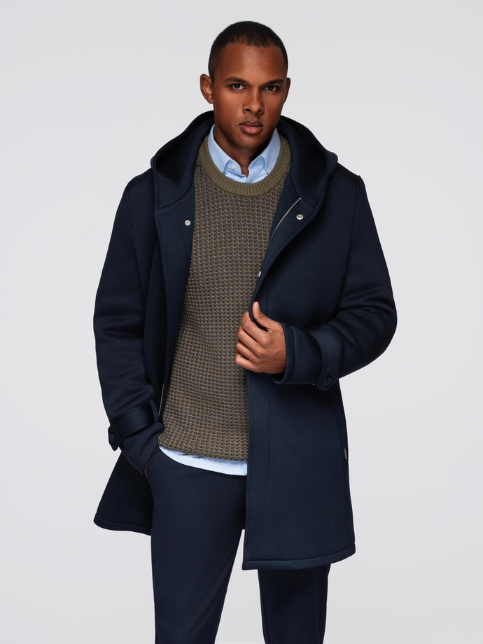 Minimalist men's mid-length coat with hood - navy blue V5 OM-COLC-0144