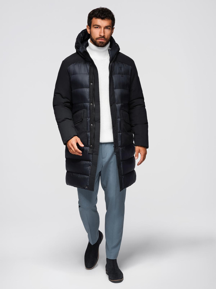 Men's long quilted jacket with large pockets - black V1 OM-JALJ-0308