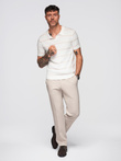Men's horizontal striped viscose polo shirt - white and beige V4 OM-POSS-0145