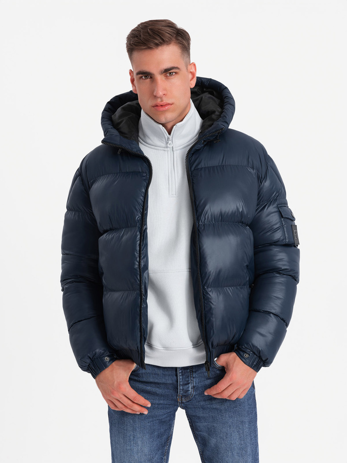 Warm men's puffer jacket with welts - navy blue V2 OM-JAHP-0207