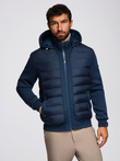 Quilted bomber jacket with hood and knitted sleeves - navy blue V2 OM-JALP-0298