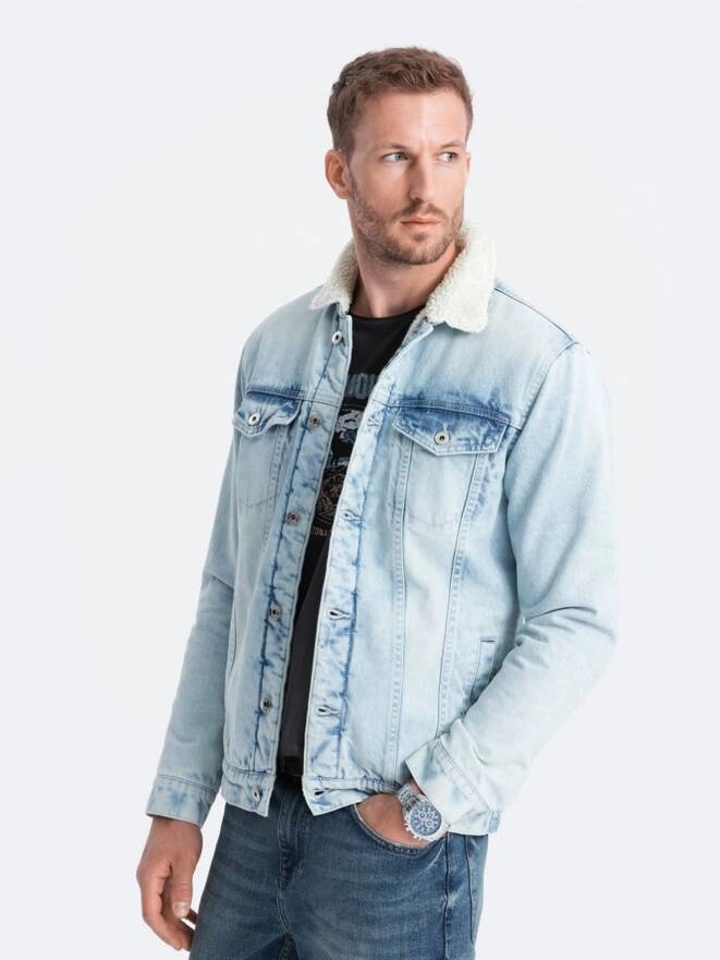 Men's sherpa denim jacket - light blue V2 OM-JADJ-0125