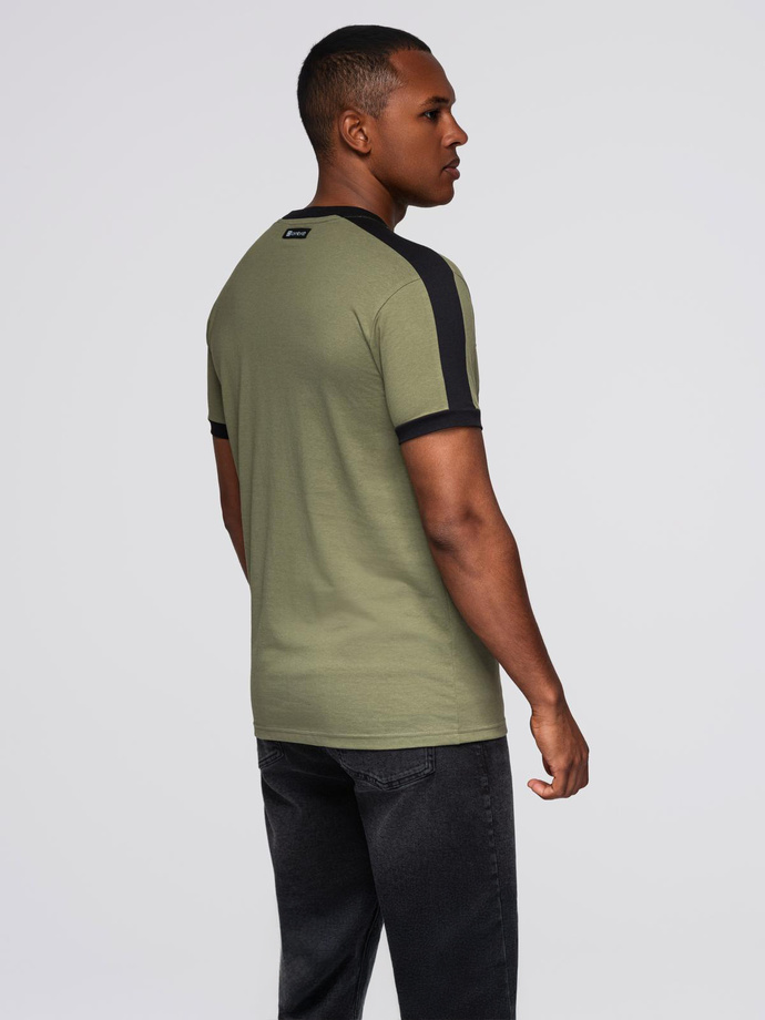 Men's T-shirt with contrasting stripes - olive V4 OM-TSCT-0115