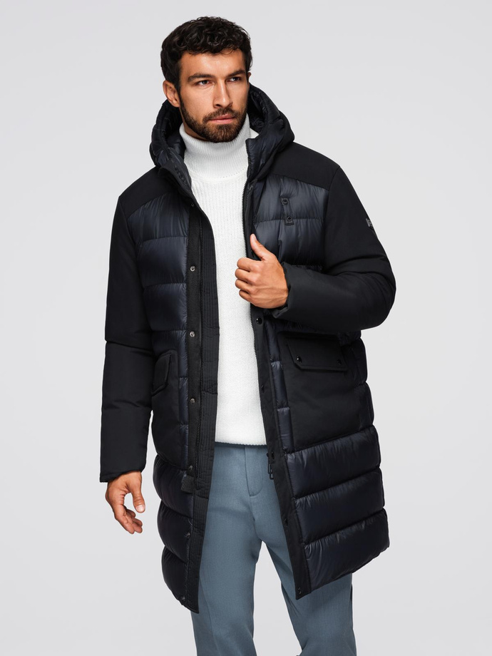 Men's long quilted jacket with large pockets - black V1 OM-JALJ-0308