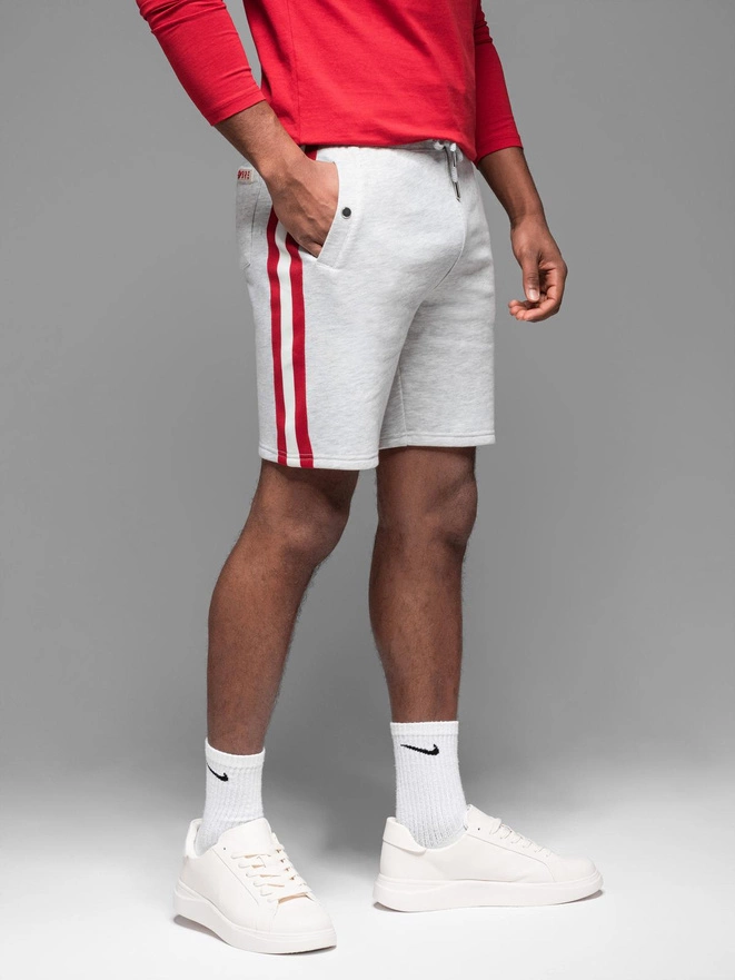 Men's sweat shorts with piping and drawstring waistband - grey melange V1 OM-SRSK-0156