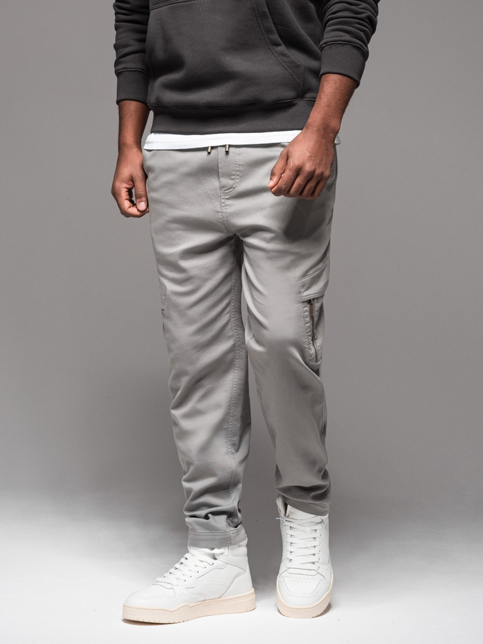 Men's knitted joggers with cargo pockets - light grey V4 OM-PAJO-0199