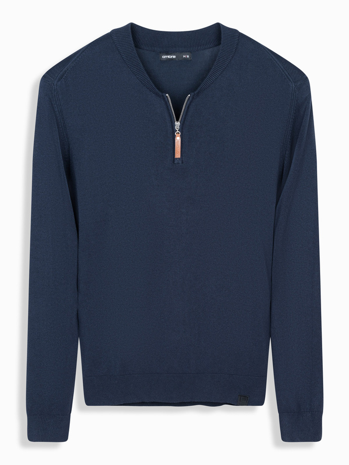 Men's sweater with viscose and spread neckline - navy blue V4 OM-SWZS-0124