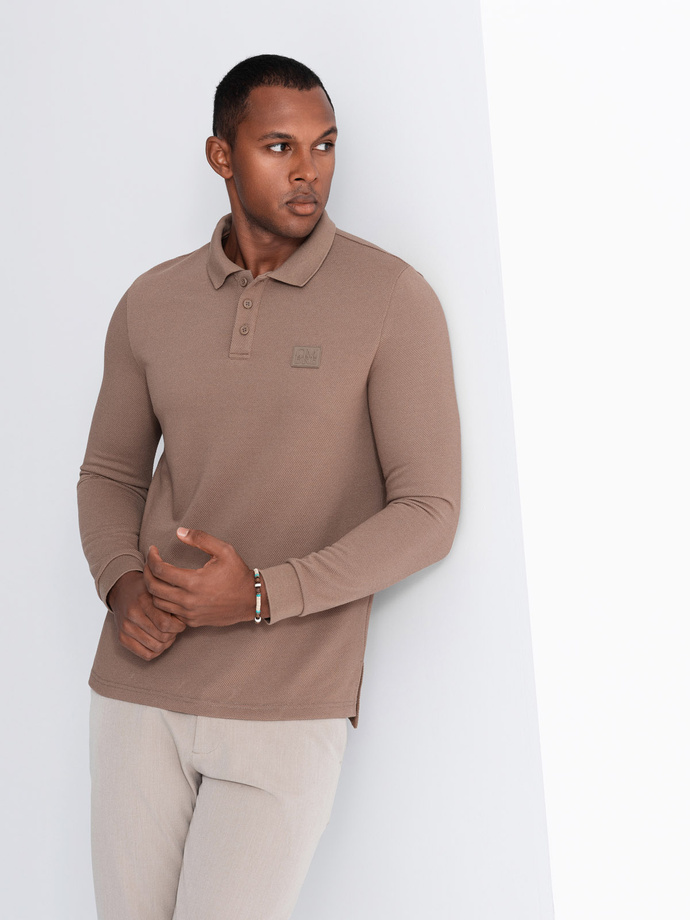 Men's structured polo longsleeve with patch - brown V4 OM-POLS-0131