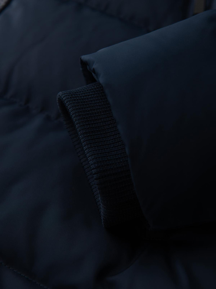 Men's jacket with asymmetrical quilting and hood - navy blue V4 OM-JAHP-0304