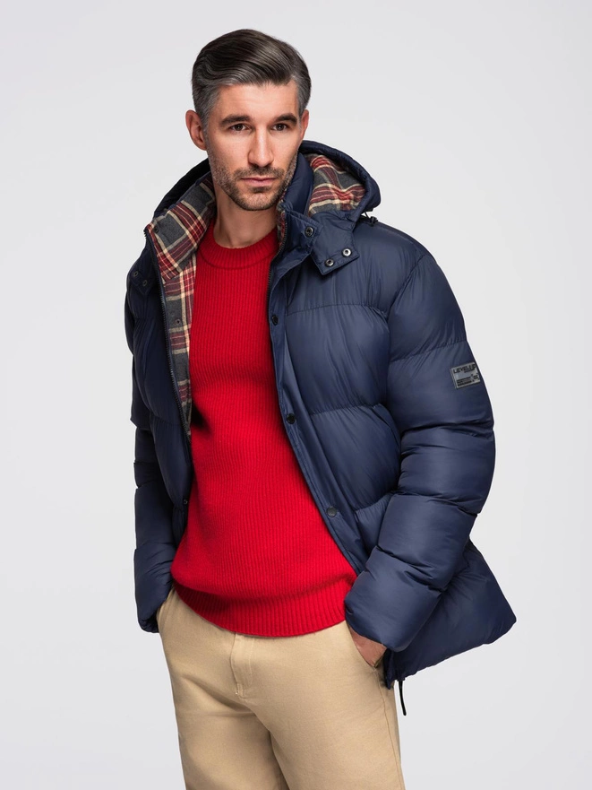Men's puffer jacket with check lining - navy blue V1 OM-JAHP-0205