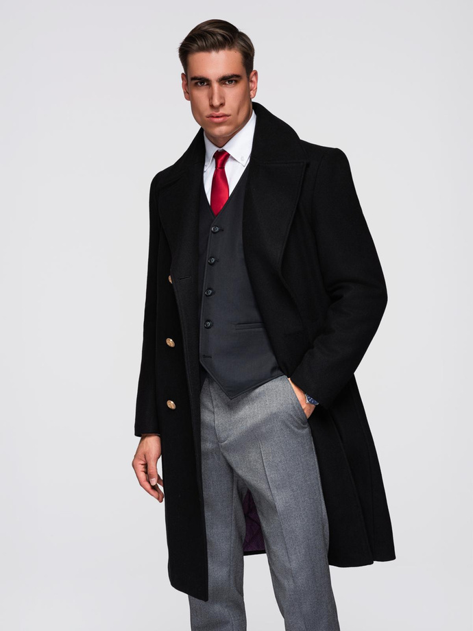 Elegant military double-breasted coat for men with wool - black V1 OM-COWC-0145