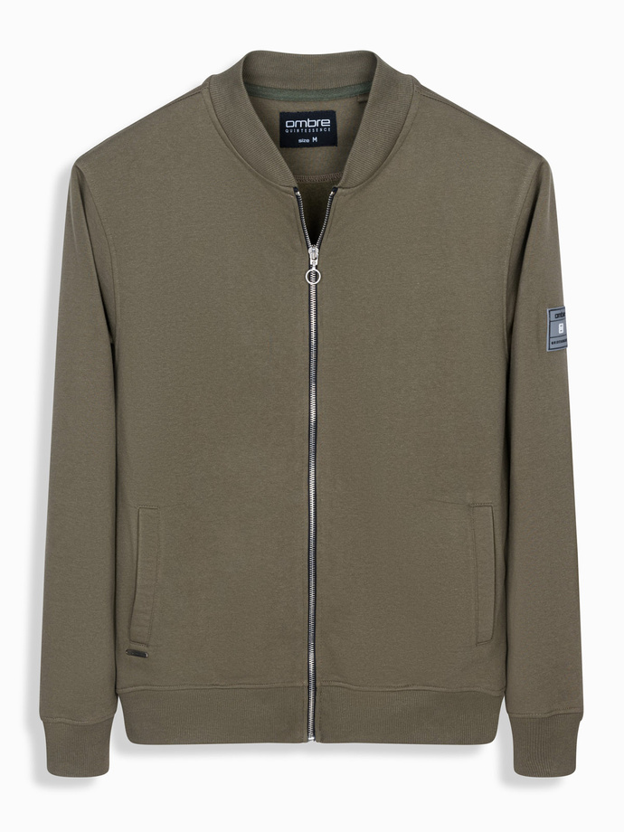 Cotton unbuttoned men's sweatshirt bomber - khaki V1 OM-SSZP-0215