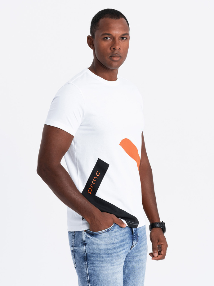 Bawełniany t-shirt męski z kontrastowym dwukolorowym printem – biały V2 OM-TSPT-0219