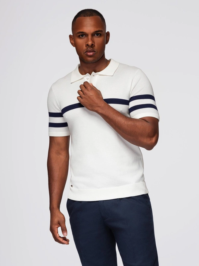 Men's soft knit polo shirt with contrasting stripes - white V1 OM-POSS-0118