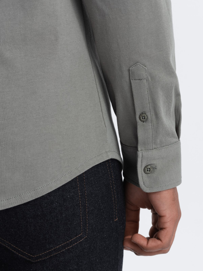 Bawełniana męska koszula REGULAR z dzianiny single jersey - jasny khaki V4 OM-SHCS-0138