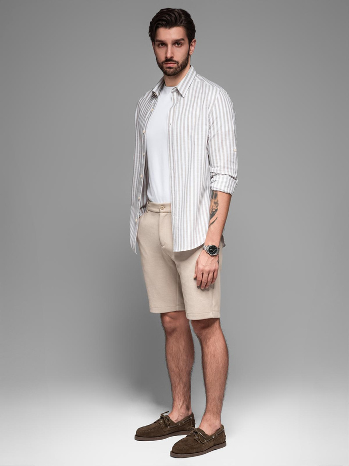 Męskie krótkie spodenki SLIM FIT z melanżowej strukturalnej dzianiny – piaskowe V3 OM-SRCS-0166