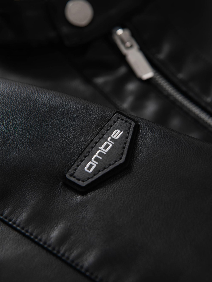 Men's faux leather jacket with ribbed bottom hem - black V2 OM-JAFL-0109