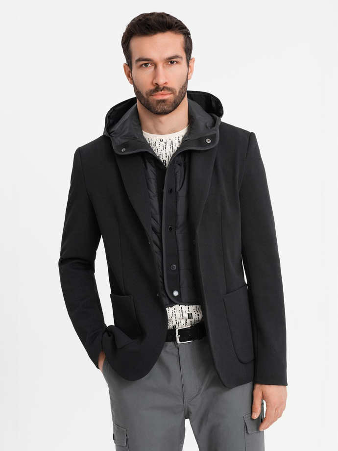 Men's jacket with high collar and hood - black V2 OM-BLZB-0133