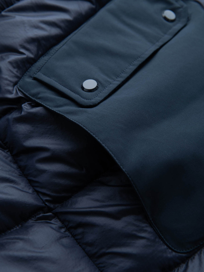 Men's quilted long jacket with large pockets - navy blue V4 OM-JALJ-0165