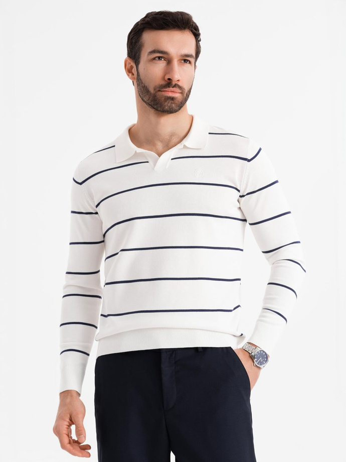 Men's horizontal striped polo longsleeve with viscose - white and navy blue V2 OM-POLS-0146