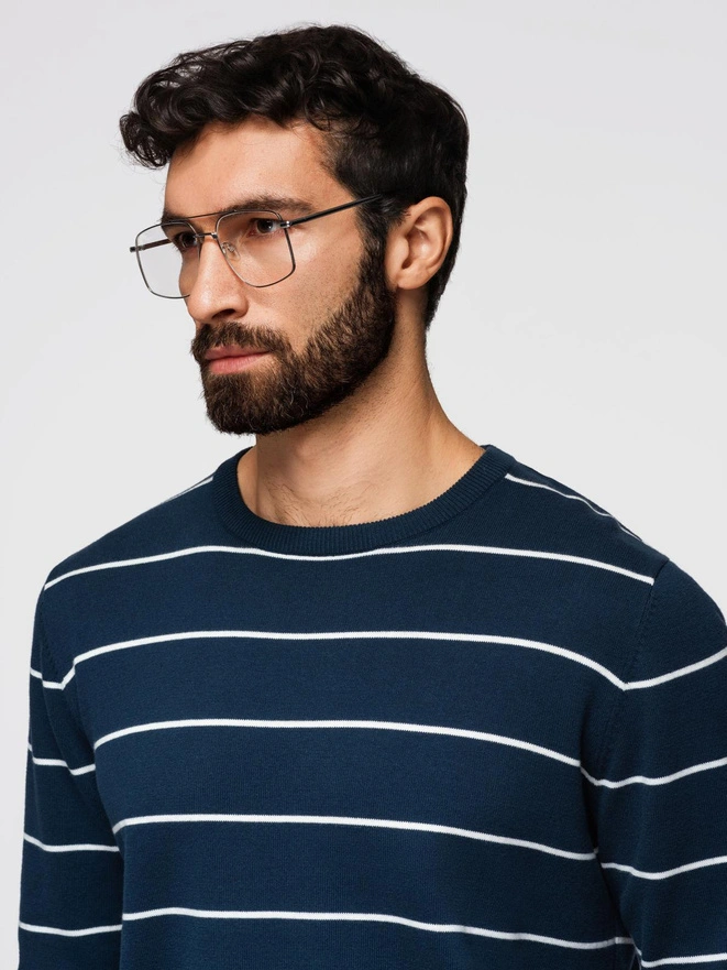 Casual men's sweater with horizontal stripes - navy blue V1 OM-SWSW-0143