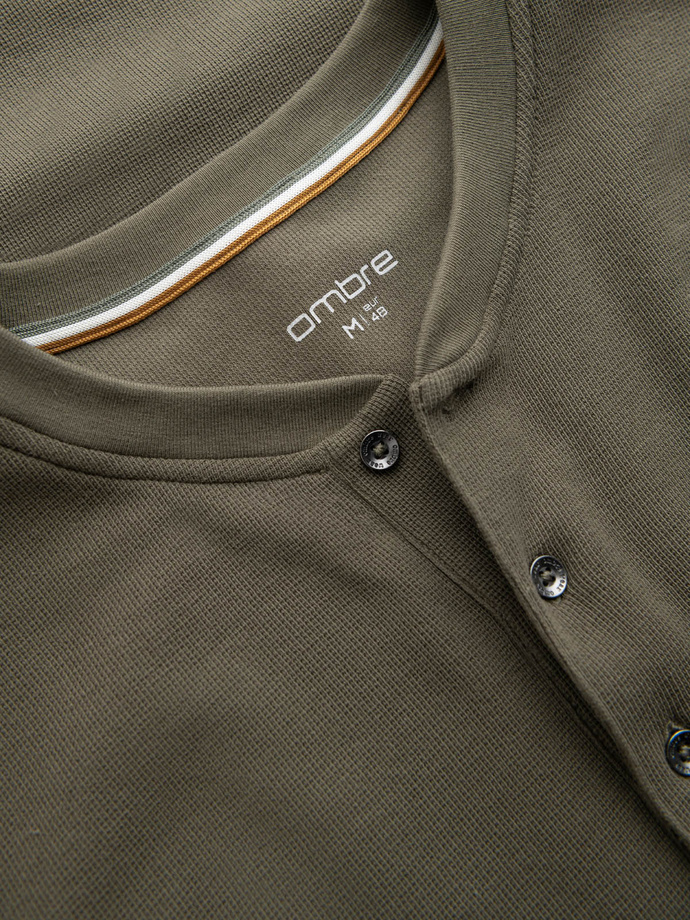 Button-up neck men's waffle knit longsleeve - olive V1 OM-LSCL-0120