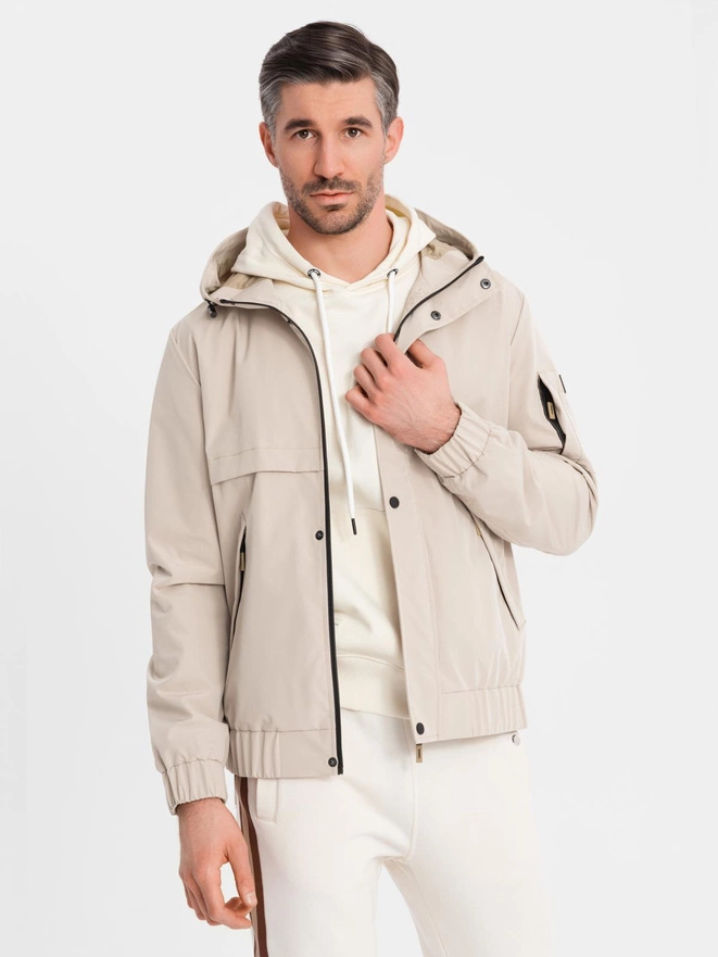 Functional men's transitional jacket with hood - beige V3 OM-JANP-0225
