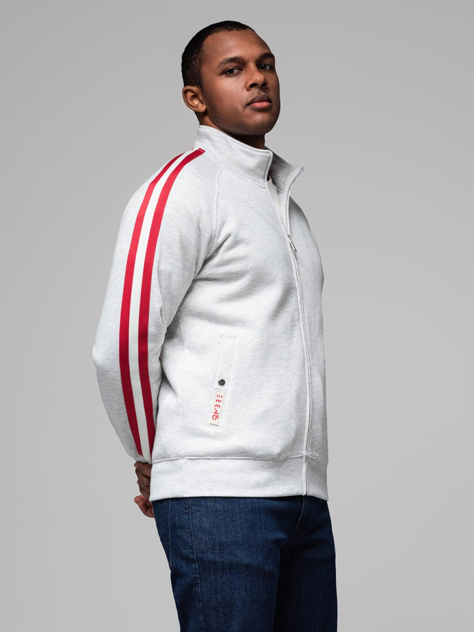 Męska bluza dresowa z wysokim kołnierzem i lampasami – szary melanż V1 OM-SSZP-0219
