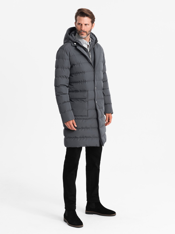 Men's long quilted jacket with lapels and lining - graphite V2 OM-JALJ-0177