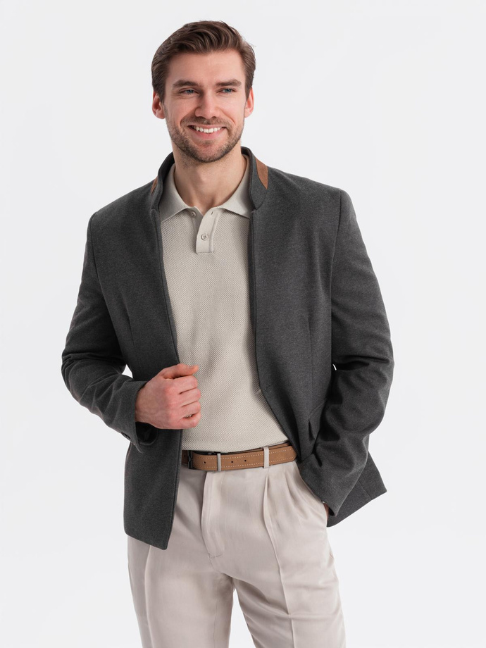 Men's melange rayon jacket with stand-up collar - black melange V5 OM-BLZB-0131