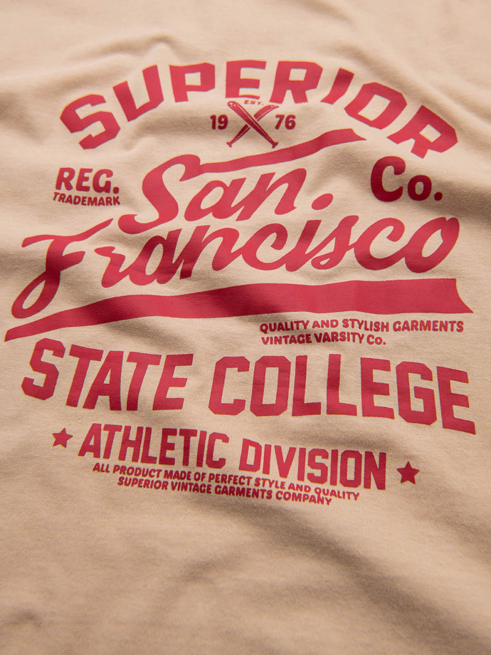 Men's long sleeve collegiate print t-shirt - sand V1 OM-LSPT-0116