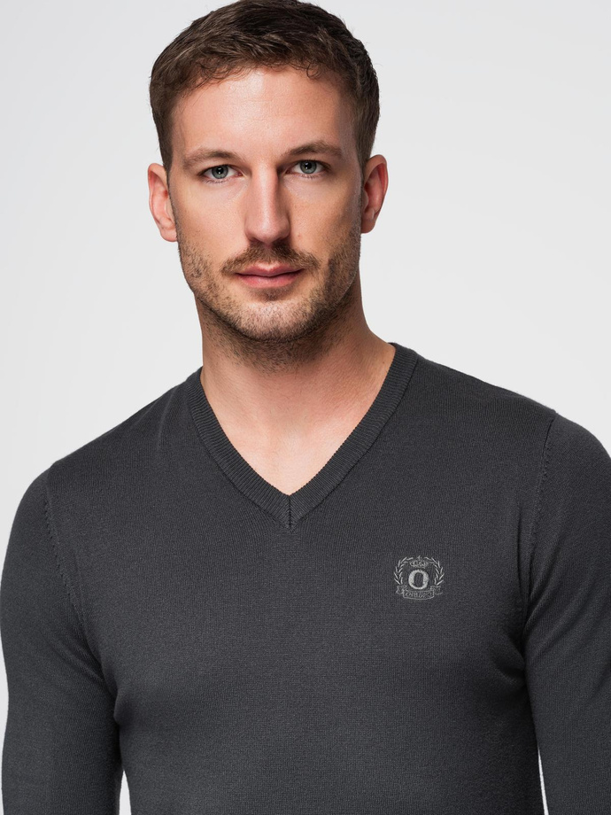 Elegant men's sweater with a heart neckline - graphite V17 OM-SWBS-0107