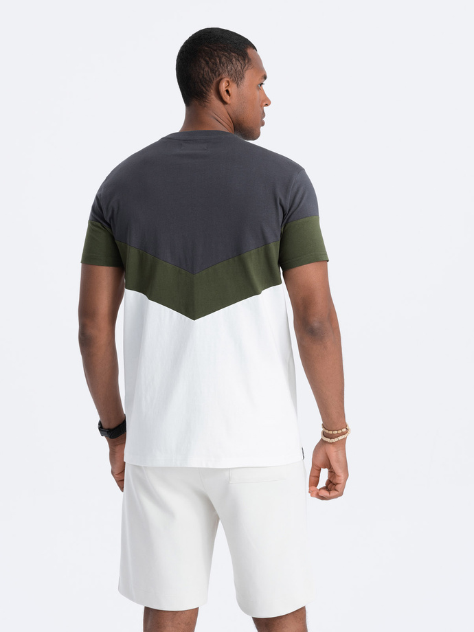 T-shirt męski bawełniany trójkolorowy z logo - grafitowo-oliwkowy V9 S1747