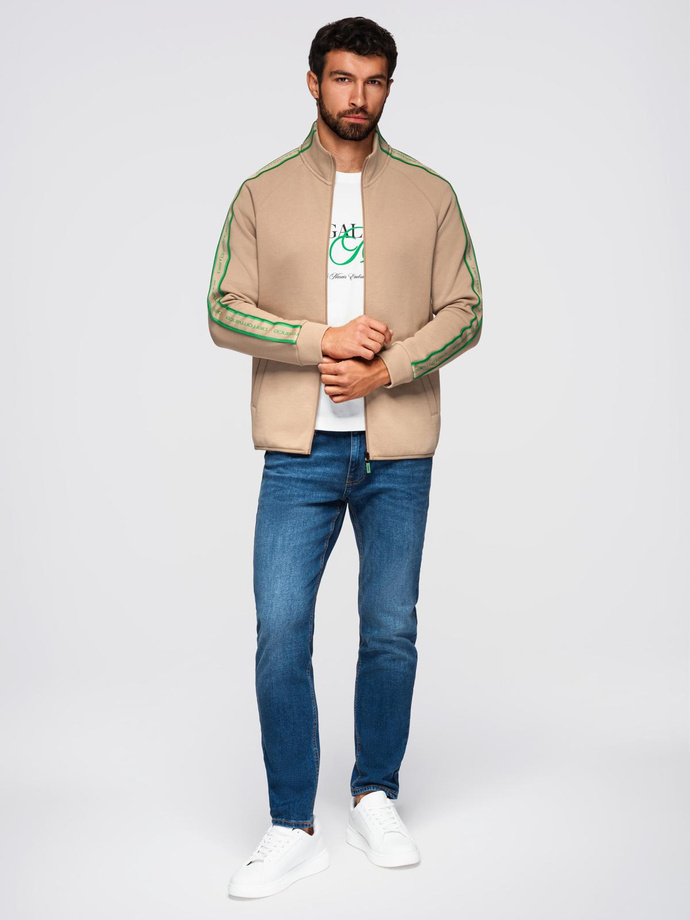 Bluza męska rozpinana z lampasami i wysoką stójką – brązowa V1 OM-SSZP-0224