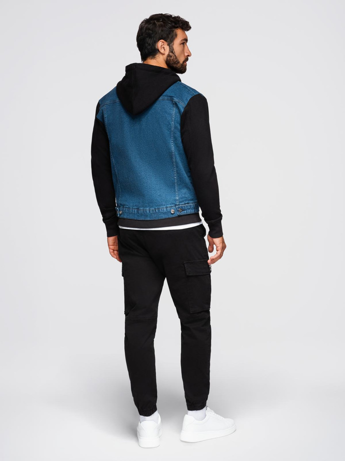 Men's denim jacket with knitted sleeves and hood - blue and black V2 OM-JADJ-0220