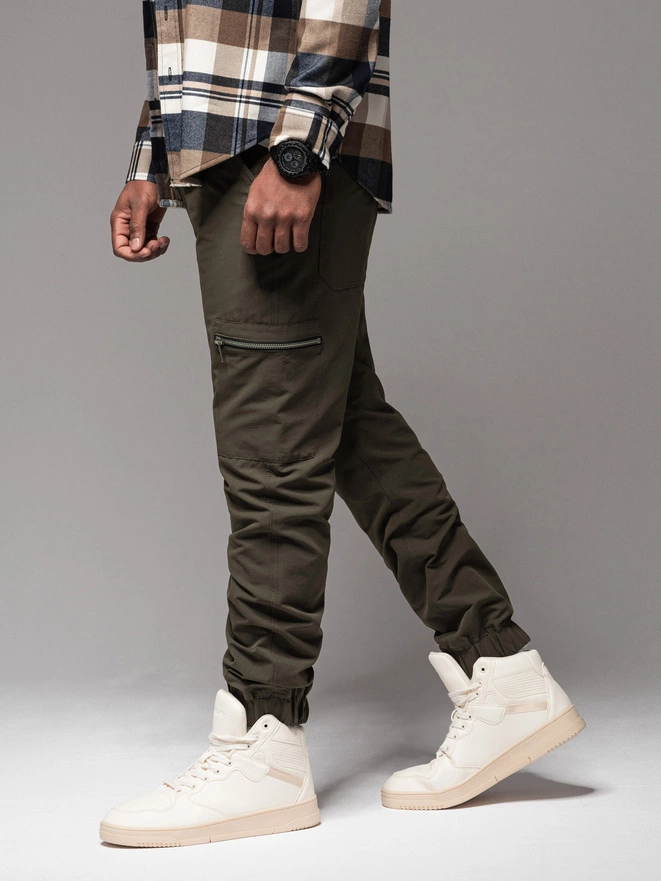 Men's jogger pants with cargo pockets and print - dark olive green V5 OM-PAJO-0200