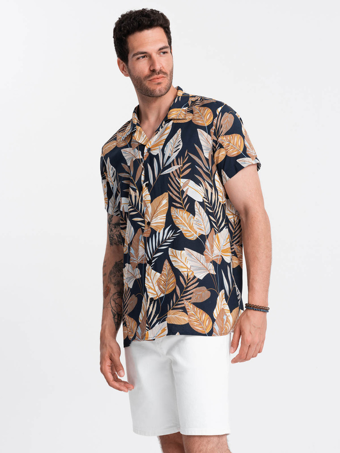 Viscose patterned men's short sleeve shirt - leaves V14 OM-SHPS-0113