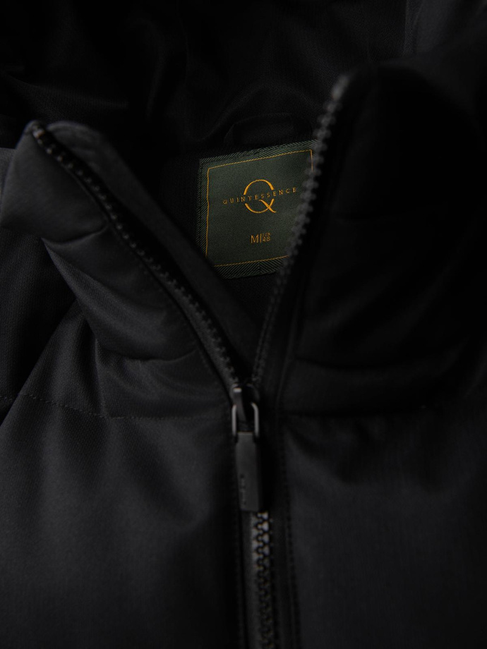 Długa pikowana kurtka męska z kapturem i wysoką stójką – czarna V1 OM-JALJ-0264