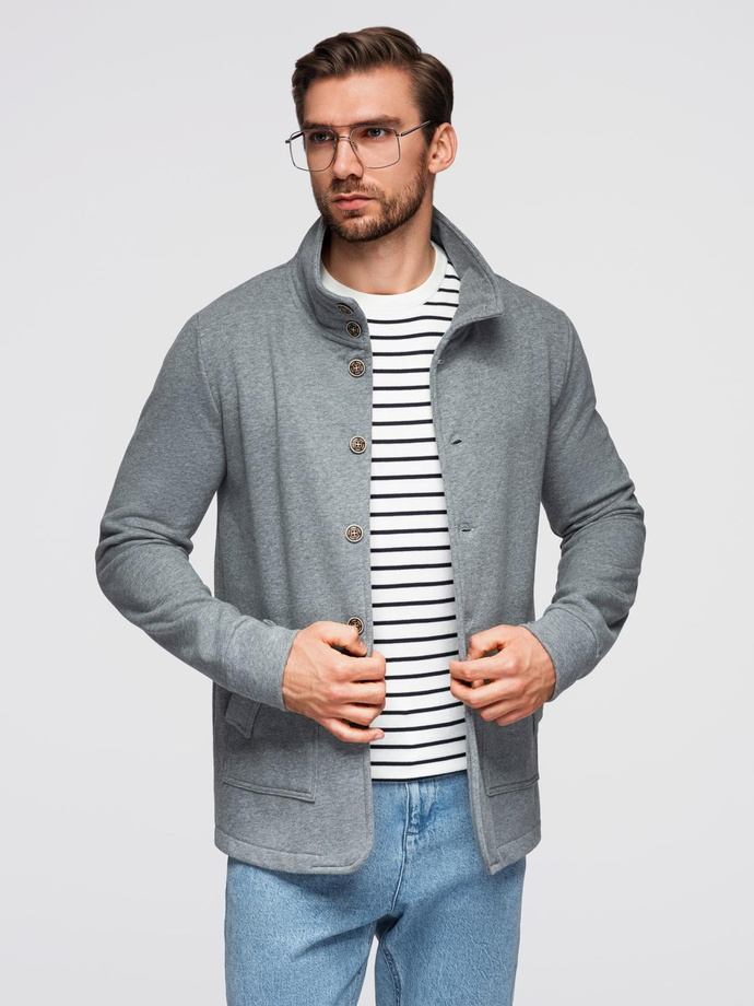 Men's button-down sweatshirt with stand-up collar - grey melange V7 OM-SSZP-0240