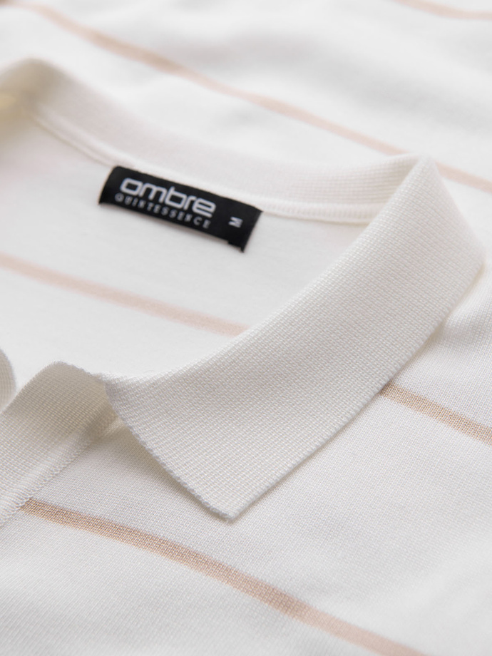 Men's horizontal striped viscose polo shirt - white and beige V4 OM-POSS-0145