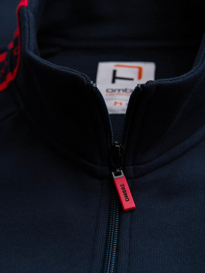 Men's unbuttoned sweatshirt with piping and high collar - navy blue V3 OM-SSZP-0224