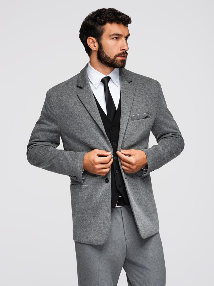 Men's knitted jacket with a fitted cut - graphite V1 OM-BLZB-0100