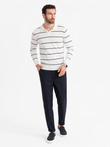 Men's horizontal striped polo longsleeve with viscose - white and navy blue V2 OM-POLS-0146