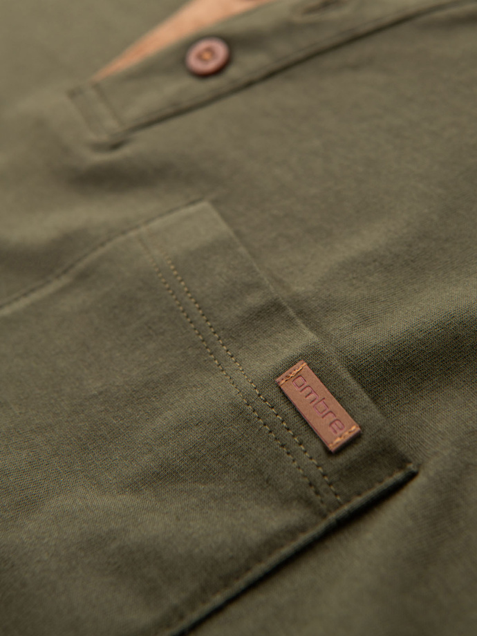 Men's T-shirt with button neckline and suede trim - dark olive V5 OM-TSCT-0206