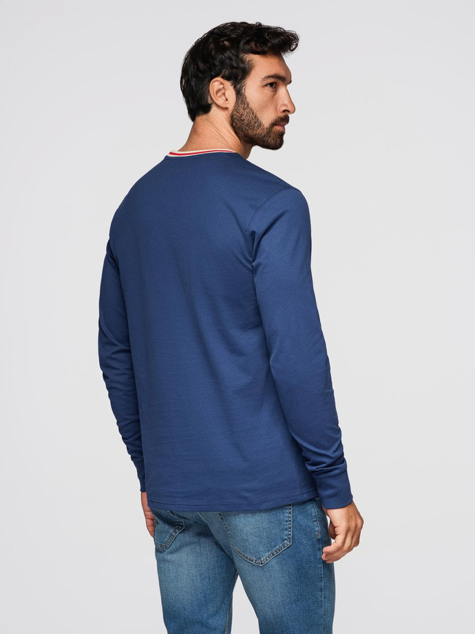 Men's cotton longsleeve with striped U neckline and embroidery - dark blue V3 OM-LSCL-0128