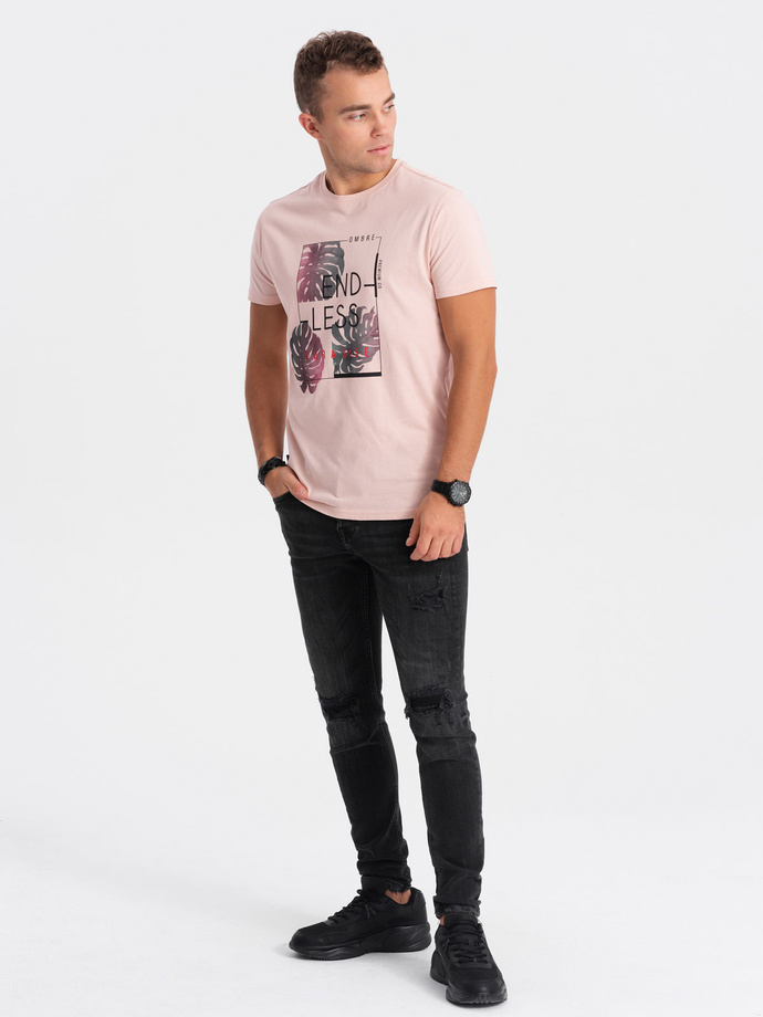 T-shirt męski z nadrukiem - jasnoróżowy V2 OM-TSPT-0131 (PALE ROSE)