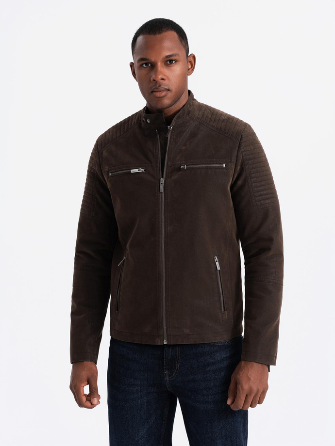 Men's retro biker jacket with stand-up collar - brown V1 OM-JAFL-0197