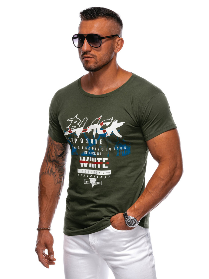 T-shirt męski z nadrukiem S1982 - khaki