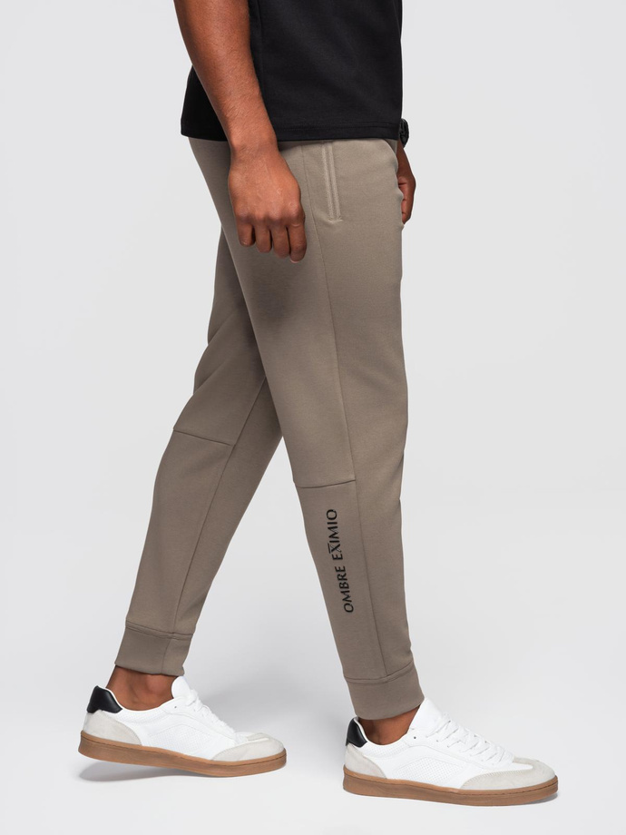 Spodnie dresowe męskie ze ściągaczami w nogawkach i gumowym nadrukiem – popielate V3 OM-PASK-0223